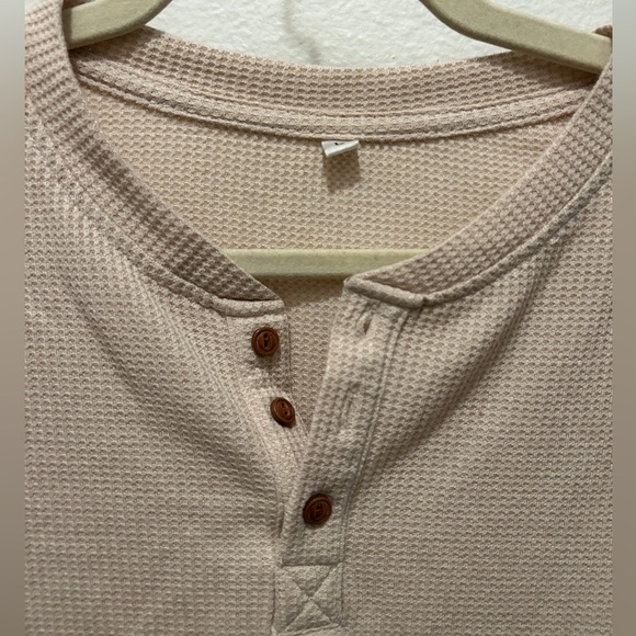 Waffle Knit Long Sleeve Henley Tee Cream Off White - Picture 2 of 5